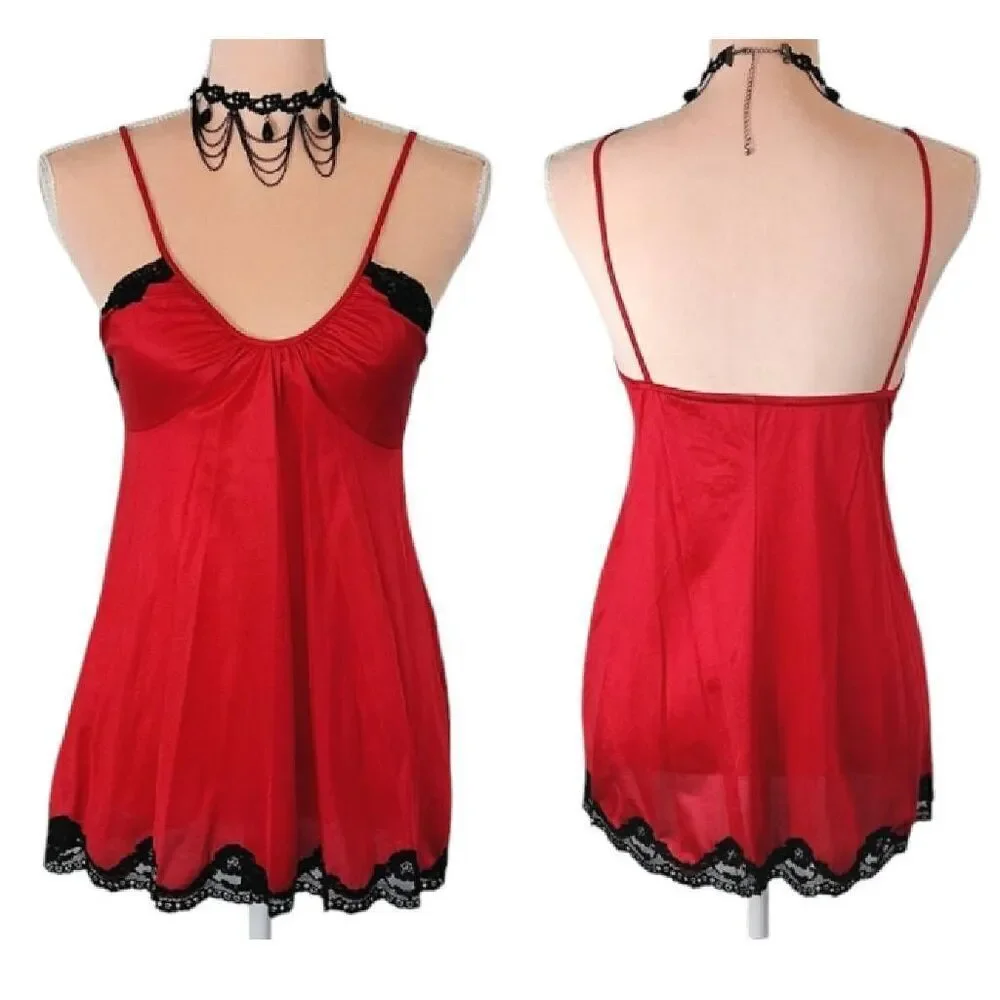 VTG 60s USA Red Black Nylon Scoop Neck Babydoll Lingerie Slip Small RARE - Picture 11 of 16